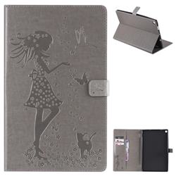Embossing Flower Girl Cat Leather Flip Cover for Amazon Fire HD 10 (2017) - Gray