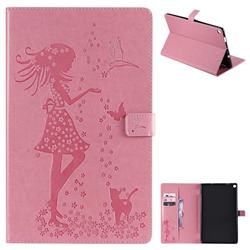 Embossing Flower Girl Cat Leather Flip Cover for Amazon Fire HD 10 (2017) - Pink