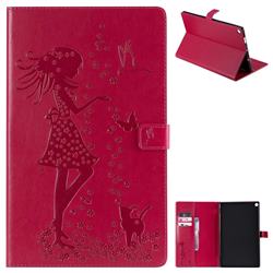 Embossing Flower Girl Cat Leather Flip Cover for Amazon Fire HD 10 (2017) - Red