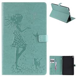 Embossing Flower Girl Cat Leather Flip Cover for Amazon Fire HD 10 (2017) - Green