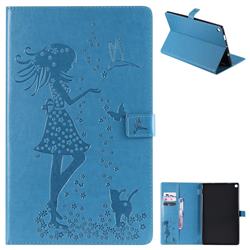Embossing Flower Girl Cat Leather Flip Cover for Amazon Fire HD 10 (2017) - Blue