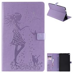 Embossing Flower Girl Cat Leather Flip Cover for Amazon Fire HD 10 (2017) - Purple