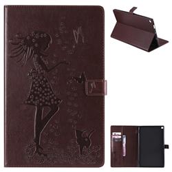 Embossing Flower Girl Cat Leather Flip Cover for Amazon Fire HD 10 (2017) - Brown