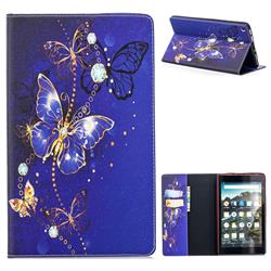 Gold and Blue Butterfly Folio Stand Tablet Leather Wallet Case for Amazon Fire HD 8 (2017)