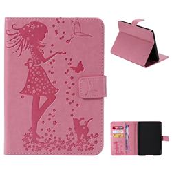 Embossing Flower Girl Cat Leather Flip Cover for Amazon Kindle Paperwhite (2018) - Pink