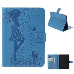 Embossing Flower Girl Cat Leather Flip Cover for Amazon Kindle Paperwhite (2018) - Blue
