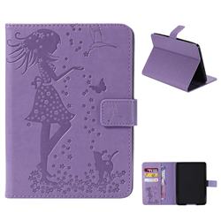 Embossing Flower Girl Cat Leather Flip Cover for Amazon Kindle Paperwhite (2018) - Purple