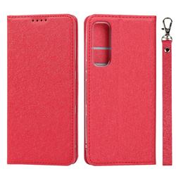 Ultra Slim Magnetic Automatic Suction Silk Lanyard Leather Flip Cover for Kyocera Android One S8 - Red