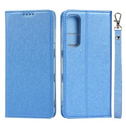 Ultra Slim Magnetic Automatic Suction Silk Lanyard Leather Flip Cover for Kyocera Android One S8 - Sky Blue