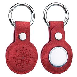 Embossed Mandala Flower Key Ring Secure Holder Leather Case Cover for Apple AirTag - Red