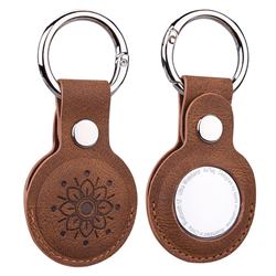 Embossed Mandala Flower Key Ring Secure Holder Leather Case Cover for Apple AirTag - Brown