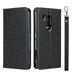 Ultra Slim Magnetic Automatic Suction Silk Lanyard Leather Flip Cover for FUJITSU Docomo Arrows Be3 F-02L - Black