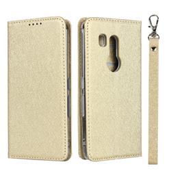 Ultra Slim Magnetic Automatic Suction Silk Lanyard Leather Flip Cover for FUJITSU Docomo Arrows Be3 F-02L - Golden