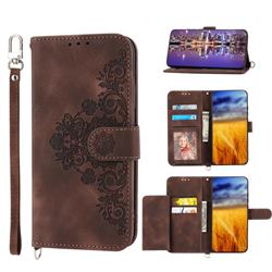 Skin Feel Embossed Lace Flower Multiple Card Slots Leather Wallet Phone Case for FUJITSU Arrows Be F-05J - Brown
