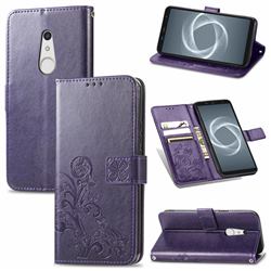 Embossing Imprint Four-Leaf Clover Leather Wallet Case for FUJITSU Docomo Arrows Be4 Plus F-41B - Purple