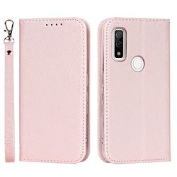 Ultra Slim Magnetic Automatic Suction Silk Lanyard Leather Flip Cover for FUJITSU Arrows We F-51B - Rose Gold