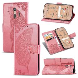 Embossing Mandala Flower Butterfly Leather Wallet Case for Docomo Raku-Raku Phone Me(F-01L) - Pink