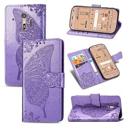 Embossing Mandala Flower Butterfly Leather Wallet Case for Docomo Raku-Raku Phone Me(F-01L) - Light Purple
