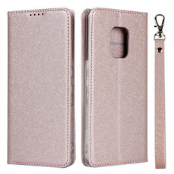Ultra Slim Magnetic Automatic Suction Silk Lanyard Leather Flip Cover for FUJITSU Docomo Arrows 5G F-51A - Rose Gold