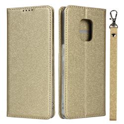 Ultra Slim Magnetic Automatic Suction Silk Lanyard Leather Flip Cover for FUJITSU Docomo Arrows 5G F-51A - Golden