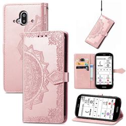 Embossing Imprint Mandala Flower Leather Wallet Case for Docomo Easy Smartphone F-52B - Rose Gold