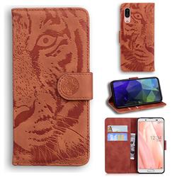 Intricate Embossing Tiger Face Leather Wallet Case for Sharp AQUOS sense3 SH-02M SHV45 - Brown