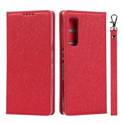 Ultra Slim Magnetic Automatic Suction Silk Lanyard Leather Flip Cover for Fujitsu Arrows NX9 F-52A - Red