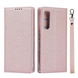 Ultra Slim Magnetic Automatic Suction Silk Lanyard Leather Flip Cover for Fujitsu Arrows NX9 F-52A - Rose Gold