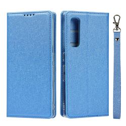 Ultra Slim Magnetic Automatic Suction Silk Lanyard Leather Flip Cover for Fujitsu Arrows NX9 F-52A - Sky Blue