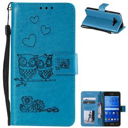 Embossing Owl Couple Flower Leather Wallet Case for Samsung Galaxy Grand Prime G530 - Blue