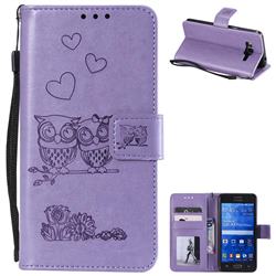 Embossing Owl Couple Flower Leather Wallet Case for Samsung Galaxy Grand Prime G530 - Purple