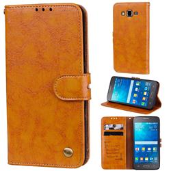 Luxury Retro Oil Wax PU Leather Wallet Phone Case for Samsung Galaxy Grand Prime G530 - Orange Yellow