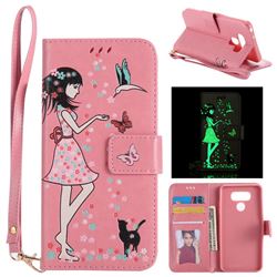 Luminous Flower Girl Cat Leather Wallet Case for LG G6 - Hot Pink