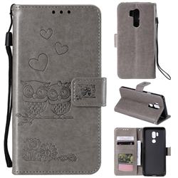 Embossing Owl Couple Flower Leather Wallet Case for LG G7 ThinQ - Gray