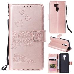 Embossing Owl Couple Flower Leather Wallet Case for LG G7 ThinQ - Rose Gold
