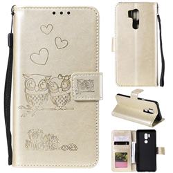 Embossing Owl Couple Flower Leather Wallet Case for LG G7 ThinQ - Golden