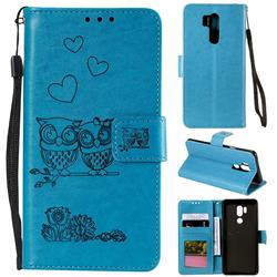 Embossing Owl Couple Flower Leather Wallet Case for LG G7 ThinQ - Blue