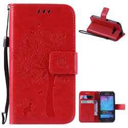 Embossing Butterfly Tree Leather Wallet Case for Samsung Galaxy J1 J100 - Red