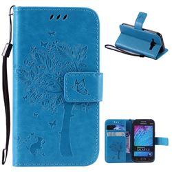 Embossing Butterfly Tree Leather Wallet Case for Samsung Galaxy J1 J100 - Blue