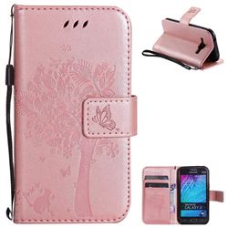 Embossing Butterfly Tree Leather Wallet Case for Samsung Galaxy J1 2015 J100 - Rose Pink