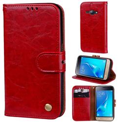 Luxury Retro Oil Wax PU Leather Wallet Phone Case for Samsung Galaxy J1 2016 J120 - Brown Red