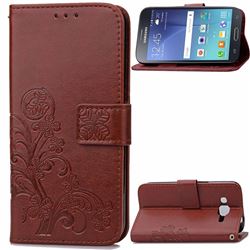 Embossing Imprint Four-Leaf Clover Leather Wallet Case for Samsung Galaxy J2 J200 - Brown