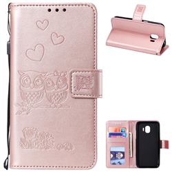 Embossing Owl Couple Flower Leather Wallet Case for Samsung Galaxy J2 Pro (2018) - Rose Gold