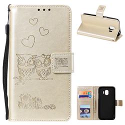 Embossing Owl Couple Flower Leather Wallet Case for Samsung Galaxy J2 Pro (2018) - Golden