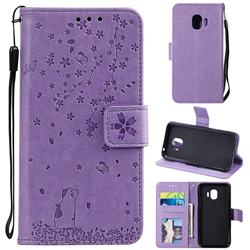 Embossing Cherry Blossom Cat Leather Wallet Case for Samsung Galaxy J2 Pro (2018) - Purple