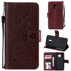 Embossing Cherry Blossom Cat Leather Wallet Case for Samsung Galaxy J2 Pro (2018) - Brown