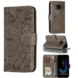Intricate Embossing Lace Jasmine Flower Leather Wallet Case for Samsung Galaxy J2 Pro (2018) - Gray