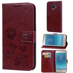 Embossing Rose Flower Leather Wallet Case for Samsung Galaxy J2 Pro (2018) - Brown