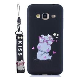 Black Flower Hippo Soft Kiss Candy Hand Strap Silicone Case for Samsung Galaxy J3 2016 J320