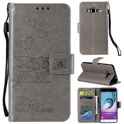 Embossing Owl Couple Flower Leather Wallet Case for Samsung Galaxy J3 2016 J320 - Gray